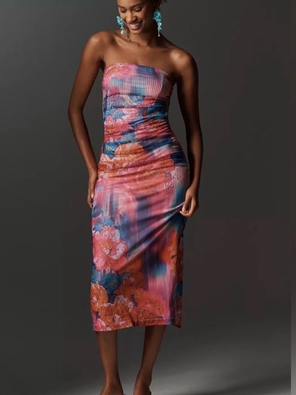 Anthropologie The Soleil Slim Strapless Ruched Mesh Dress